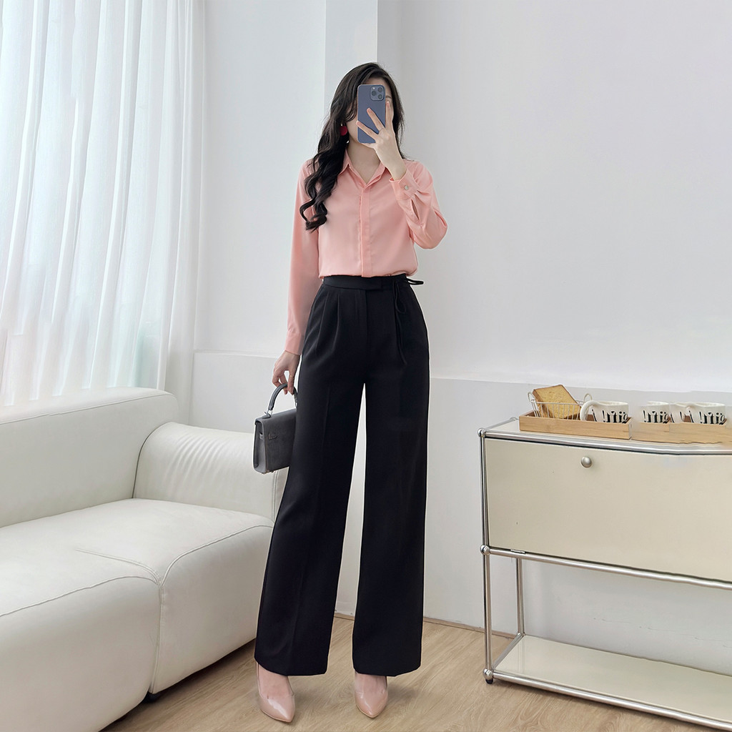 Mô tả Áo sơ mi nữ basic cơ bản lụa màu trắng đen hồng thiết kế tay dài phối nút thời trang GUMAC BAE00003 - 6