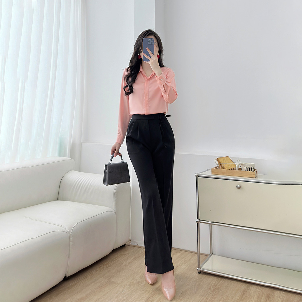 Mô tả Áo sơ mi nữ basic cơ bản lụa màu trắng đen hồng thiết kế tay dài phối nút thời trang GUMAC BAE00003 - 7