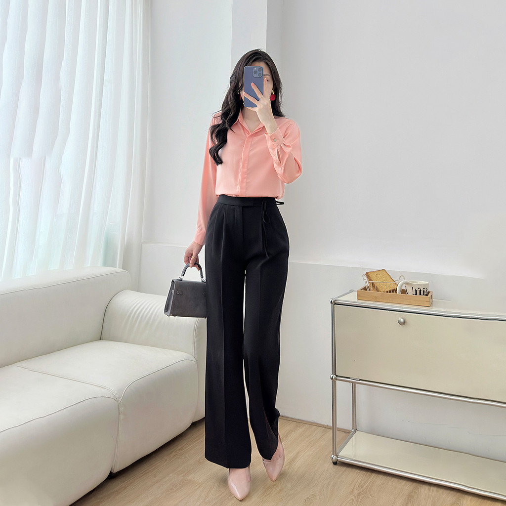 Mô tả Áo sơ mi nữ basic cơ bản lụa màu trắng đen hồng thiết kế tay dài phối nút thời trang GUMAC BAE00003 - 8