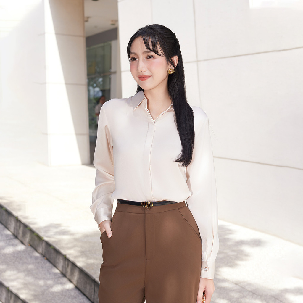 Mô tả Áo sơ mi nữ basic cơ bản lụa màu trắng đen hồng thiết kế tay dài phối nút thời trang GUMAC BAE00003 - 9