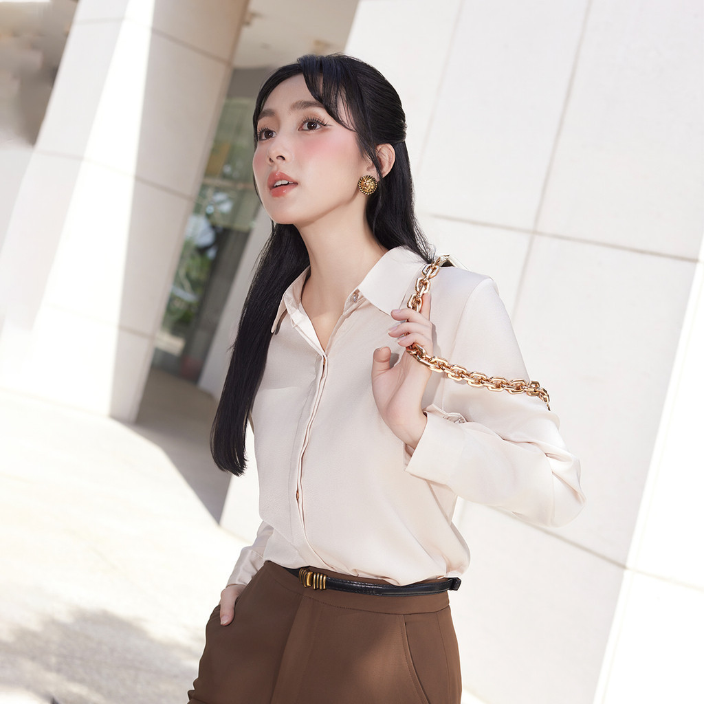 Mô tả Áo sơ mi nữ basic cơ bản lụa màu trắng đen hồng thiết kế tay dài phối nút thời trang GUMAC BAE00003 - 11