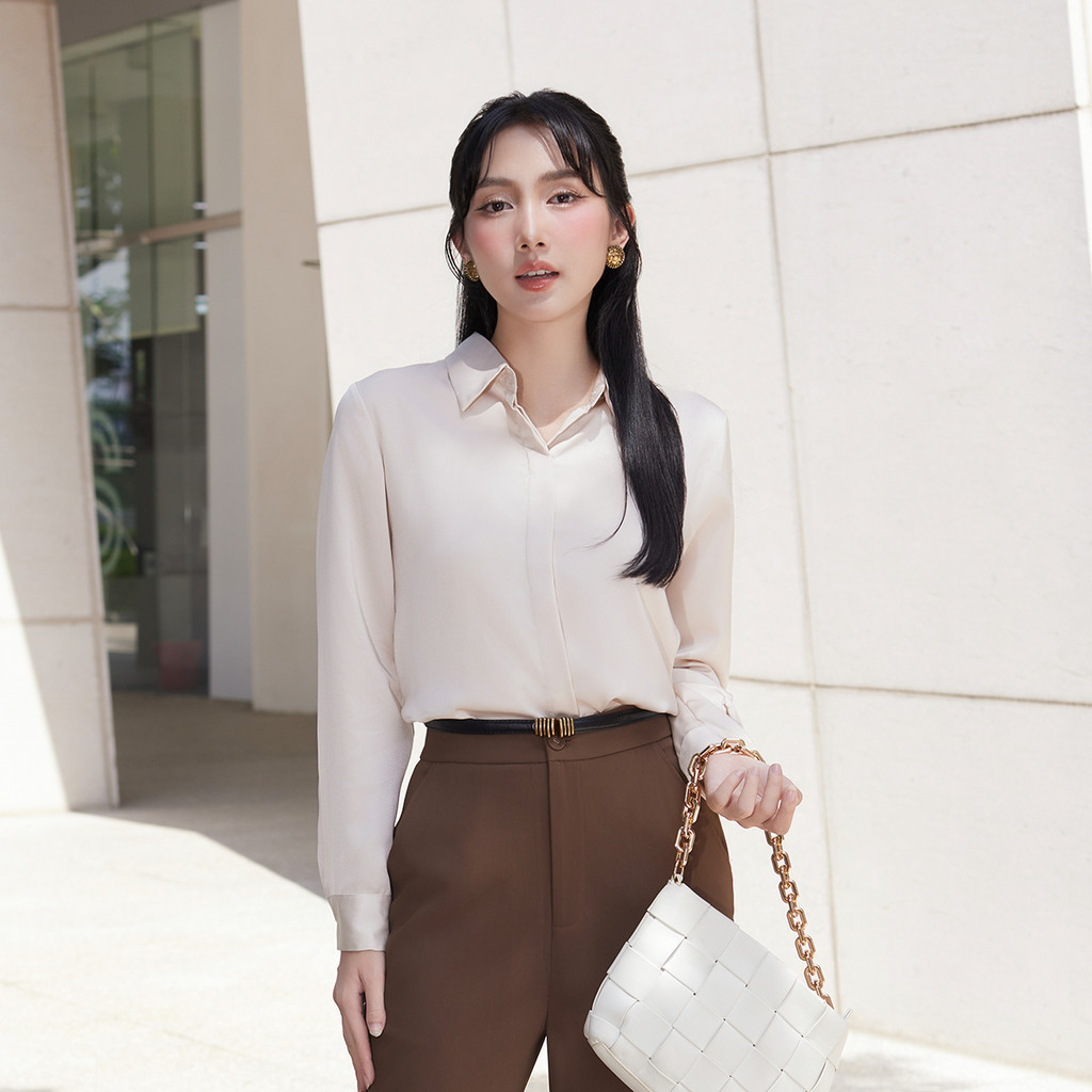 Mô tả Áo sơ mi nữ basic cơ bản lụa màu trắng đen hồng thiết kế tay dài phối nút thời trang GUMAC BAE00003 - 12