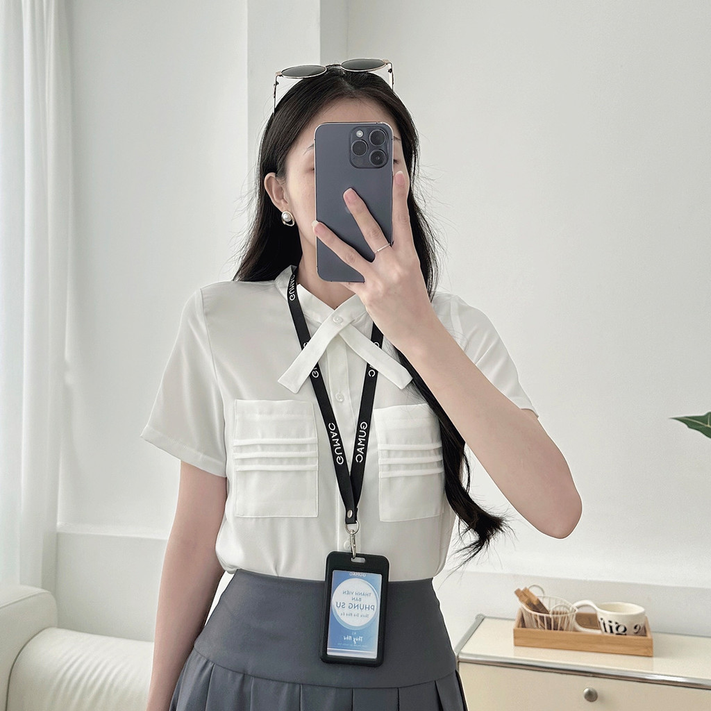 Mô tả Áo sơ mi nữ trắng tay ngắn kiểu túi đắp cổ đắp chèo hình nơ vải lụa mềm mát thời trang GUMAC LAE0815 - 7