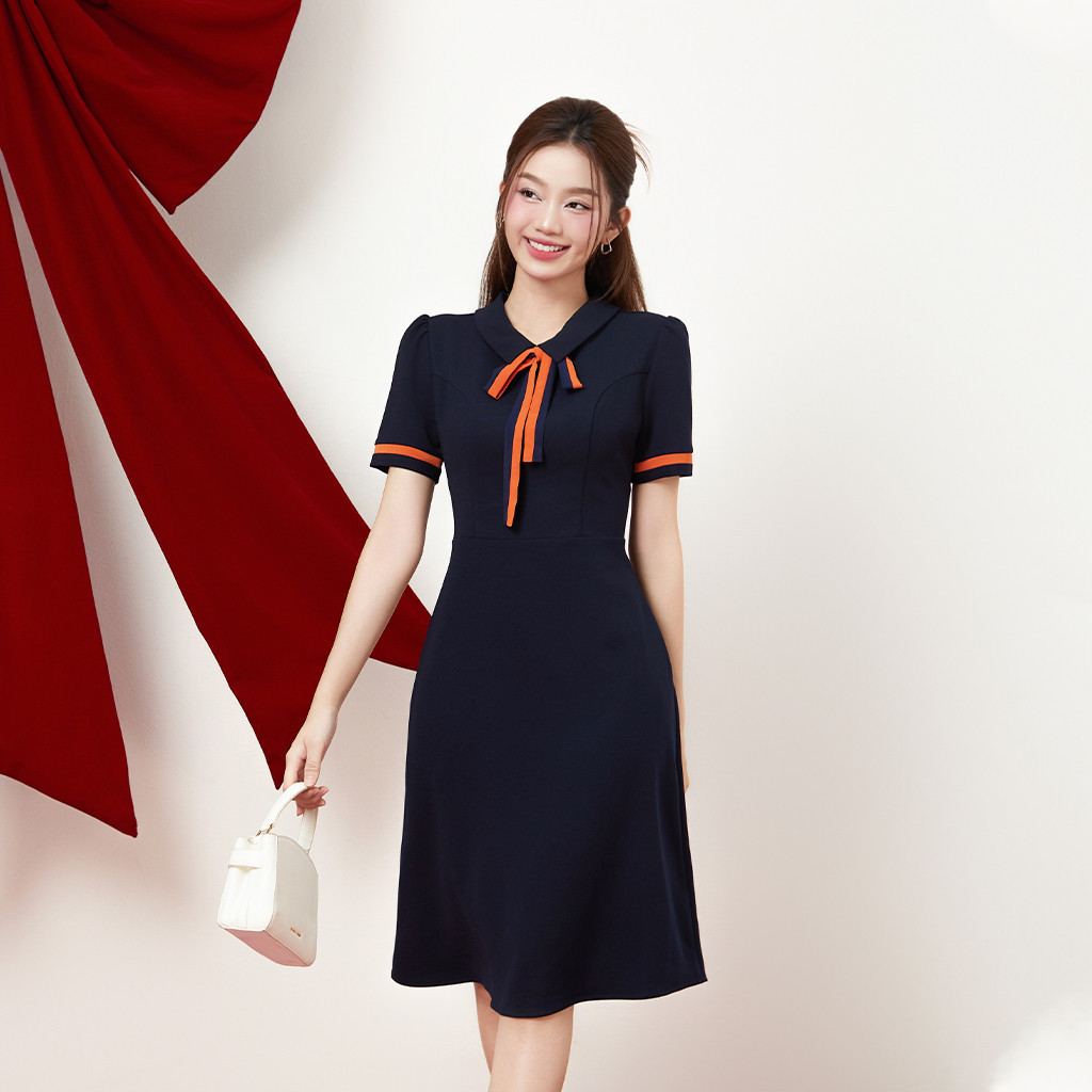 Mô tả Đầm A nẹp tay phối nơ cổ thanh lịch thiết kế công sở đi chơi dạo phố thời trang GUMAC LDE0614 - 4