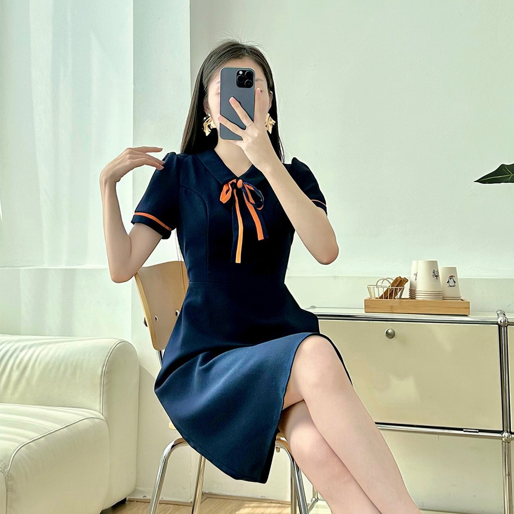 Mô tả Đầm A nẹp tay phối nơ cổ thanh lịch thiết kế công sở đi chơi dạo phố thời trang GUMAC LDE0614 - 8