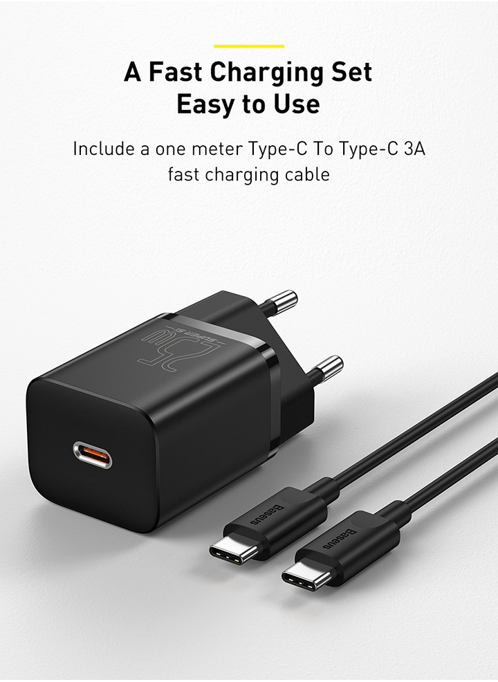 Mô tả Bộ sạc nhanh Type-C Baseus Super Si 25W PD/ QC3.0 Quick charger, With Cable Type-C To Type-C 1m - 8
