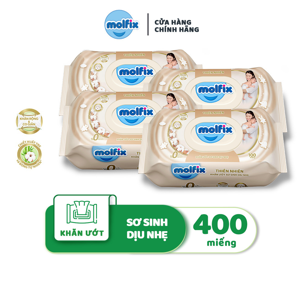 Mô tả Combo 4 Khăn ướt Molfix thiên nhiên sơ sinh dịu nhẹ không hương - 4 bịch, 400 miếng - 5