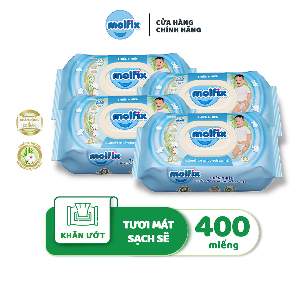 Mô tả Combo 4 Khăn ướt Molfix thiên nhiên tươi mát sạch sẽ Molfix hương dịu nhẹ - 4 bịch, 400 miếng - 2