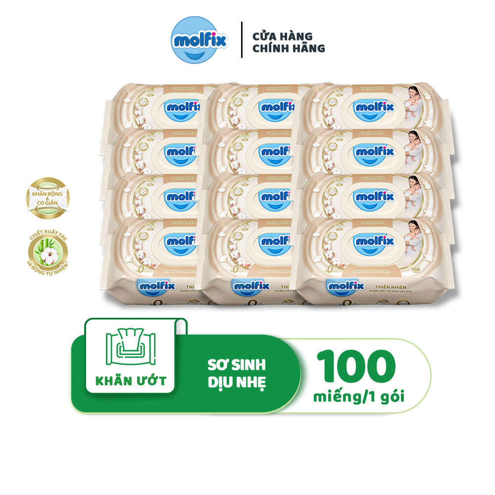 Mô tả Combo 12 Khăn ướt Molfix thiên nhiên sơ sinh dịu nhẹ không hương - 1 Gói 100 miếng - 2