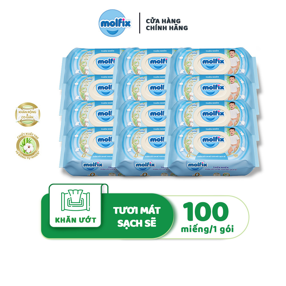 Mô tả Combo 12 Khăn ướt Molfix thiên nhiên tươi mát sạch sẽ Molfix hương dịu nhẹ - 1 Gói 100 miếng - 2
