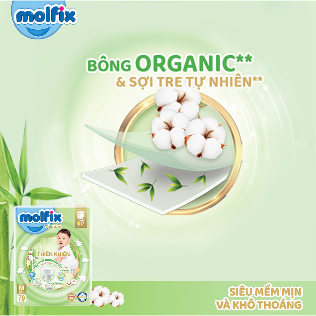Mô tả Combo 2 Tã/bỉm dán Molfix Thiên nhiên Super Jumbo M (6kg - 11kg) - 2 Gói - 152 miếng - 8