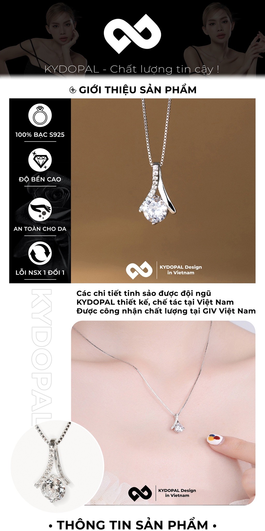 Mô tả Dây chuyền bạc nữ KYDOPAL đính đá sang trọng trang sức vòng bạc ý 925 - 9C5 - 1