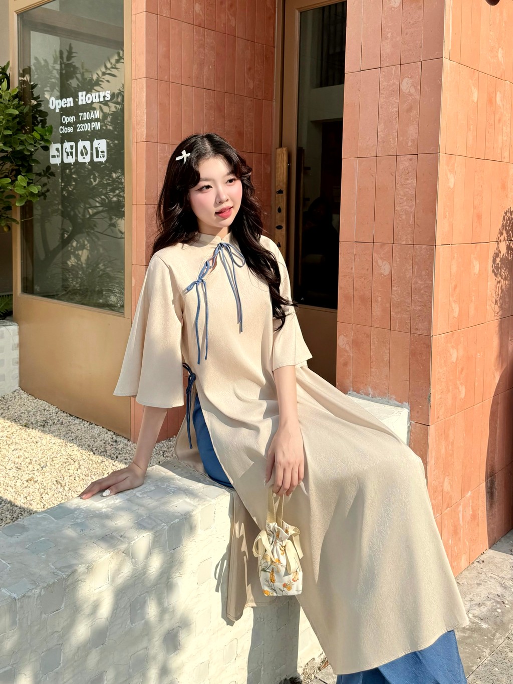 Set áo dài lụa gấm hồng tay lỡ GAGO