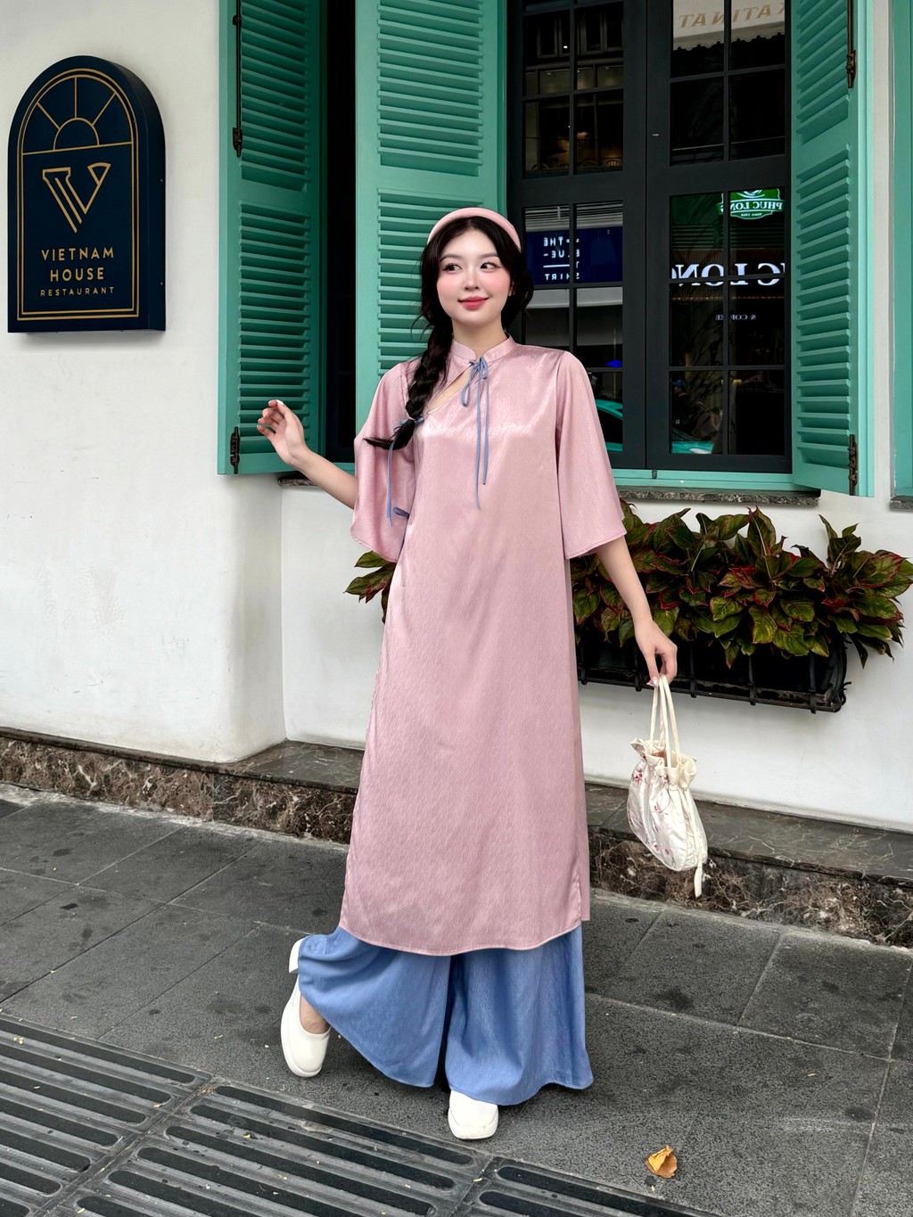 Set áo dài lụa gấm xanh dương GAGO
