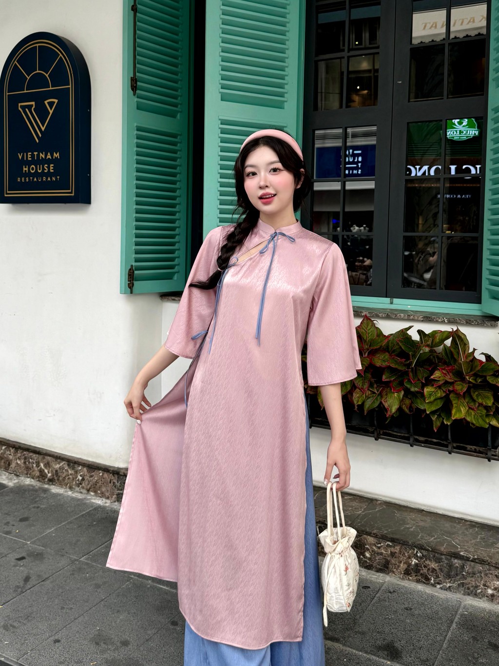 Set áo dài lụa gấm vàng mai GAGO