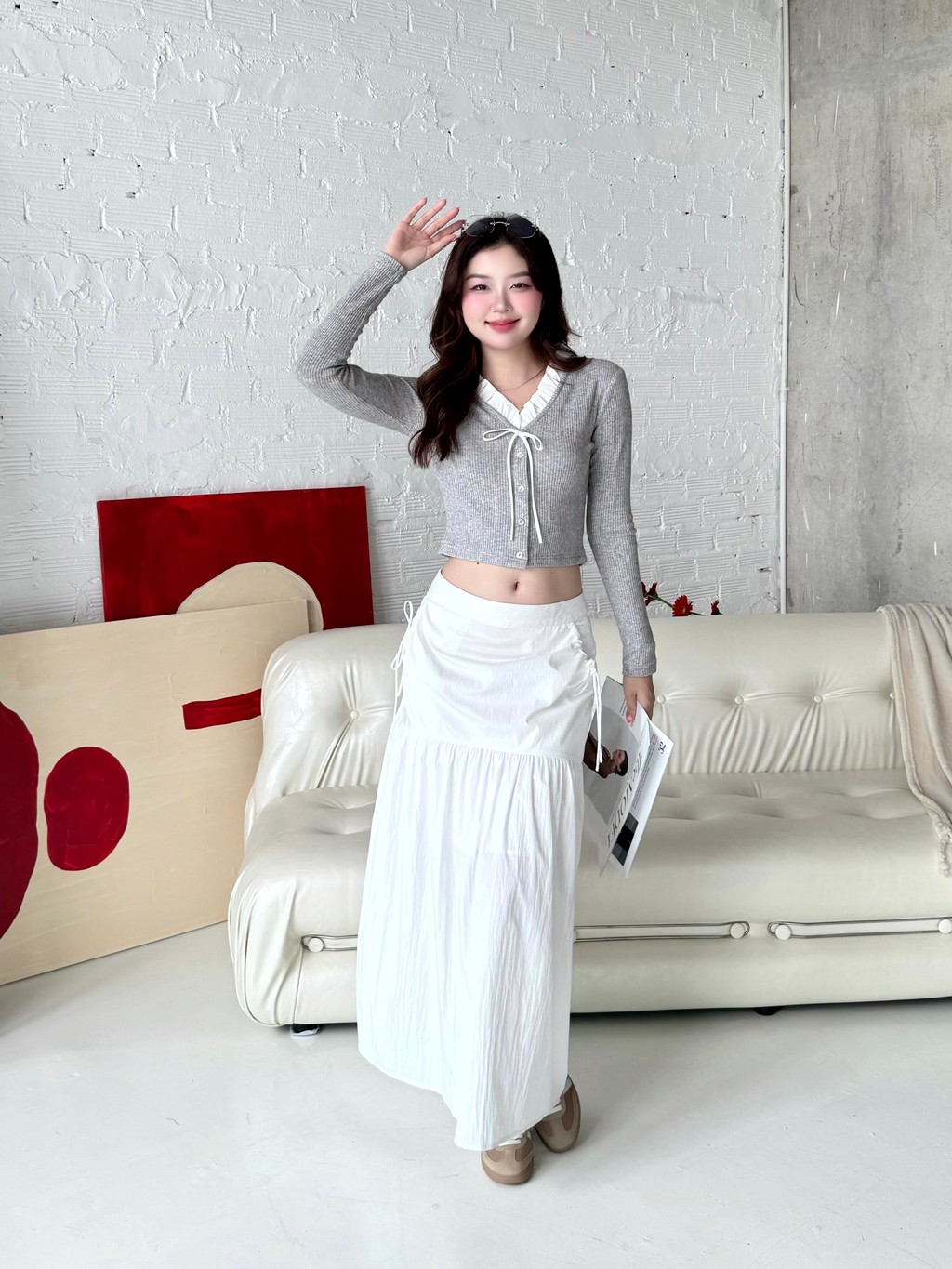 Mô tả Áo Thun GAGO Brand Cotton Phối Cổ Bèo Tay Dài Phong Cách Hàn Quốc Tiểu Thư Sang Chảnh Thoải Mái GA5099 - 2
