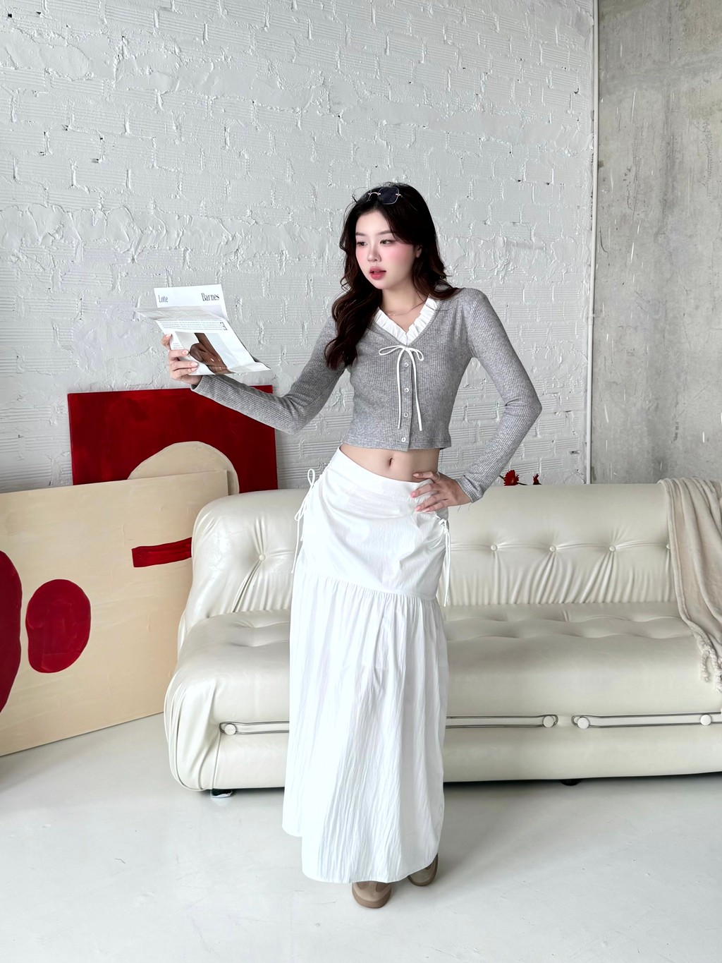 Mô tả Áo Thun GAGO Brand Cotton Phối Cổ Bèo Tay Dài Phong Cách Hàn Quốc Tiểu Thư Sang Chảnh Thoải Mái GA5099 - 3
