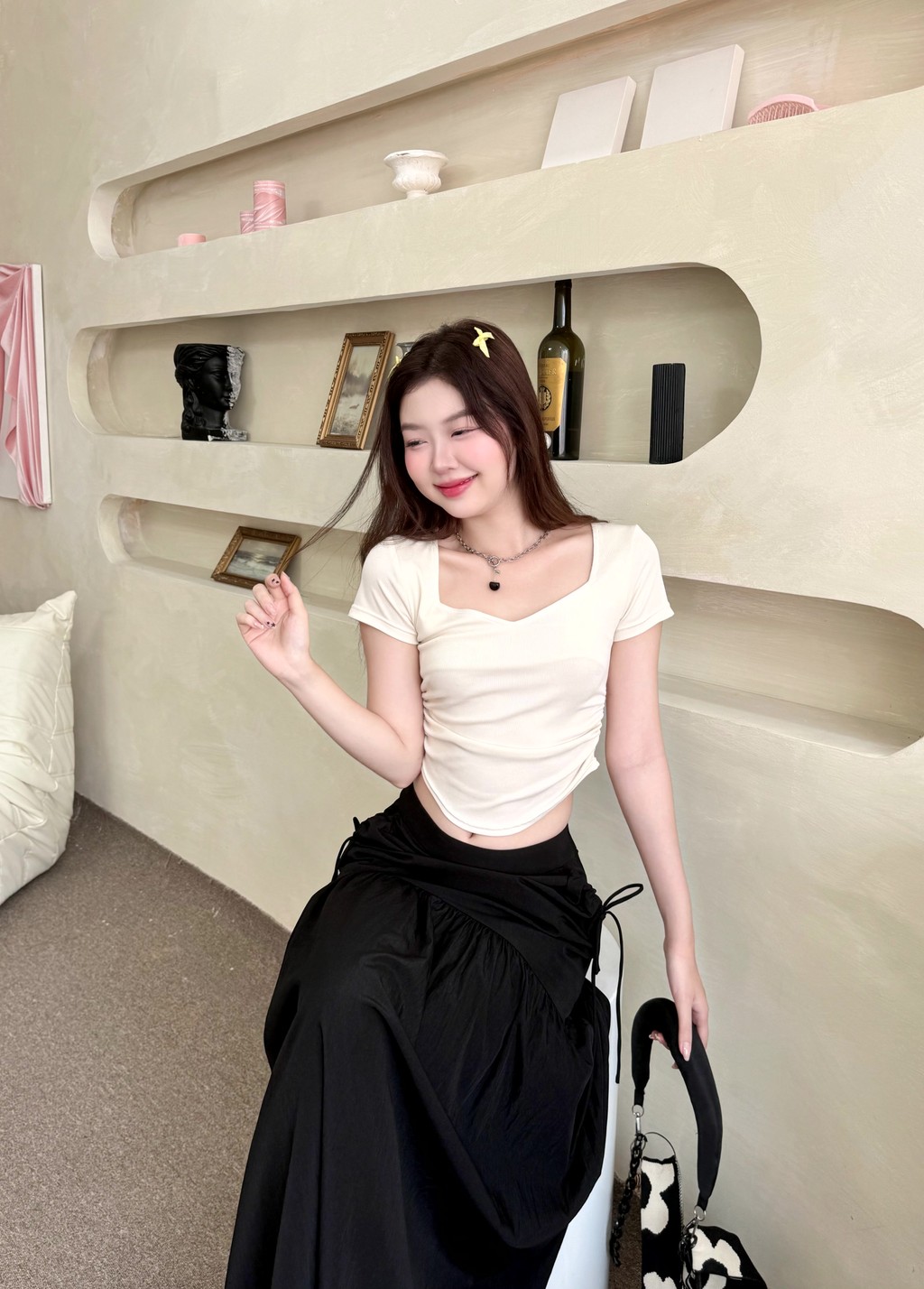 Mô tả Áo Thun Nữ Cổ Vuông Vạt Đổ Tay Ngắn Ôm Sát Chất Thun Len Tăm Mát GAGO GA4909 4928 - 3