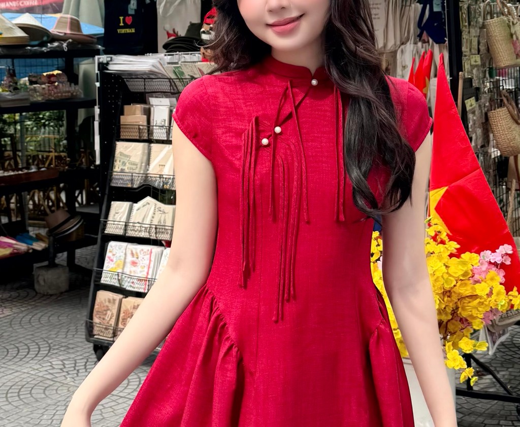 Mô tả Đầm đũi dài cổ tàu thắt nơ ngắn tay GAGO dáng xoè tiểu thư nữ tính dịu dàng GG5077 - 1