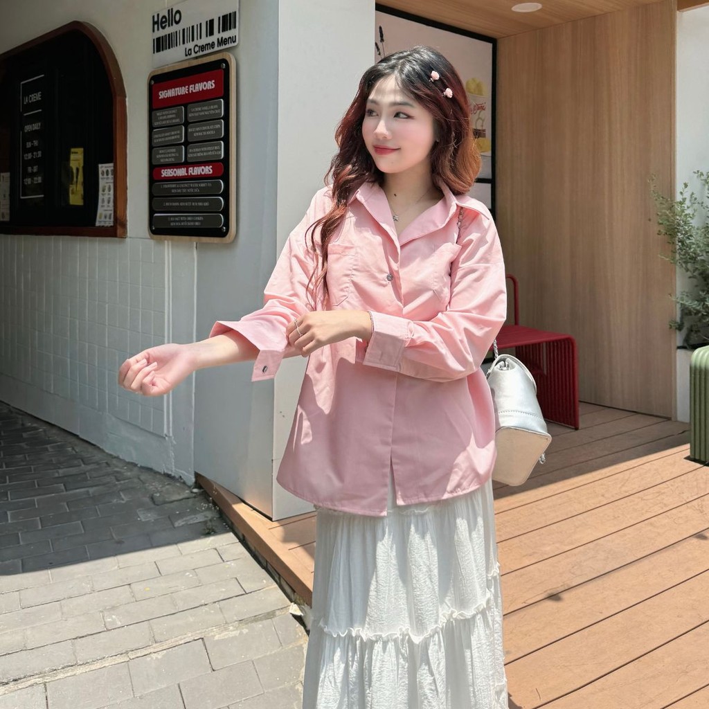 Mô tả Áo Sơ Mi Oversize Thời Trang Nữ Thân Lệch Tay Dài Gago GA4756 - 1
