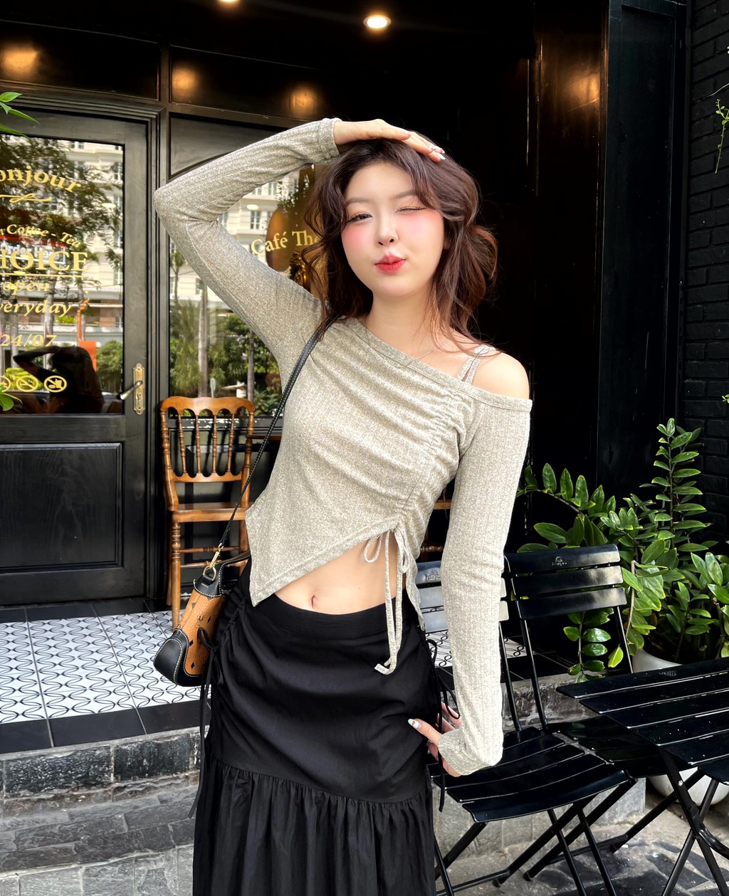Mô tả Áo trễ vai 1 bên nữ cotton dài tay ôm body rút dây GAGO Brand tiểu thư dễ thương GA4972 GA4981 GA4982 - 3