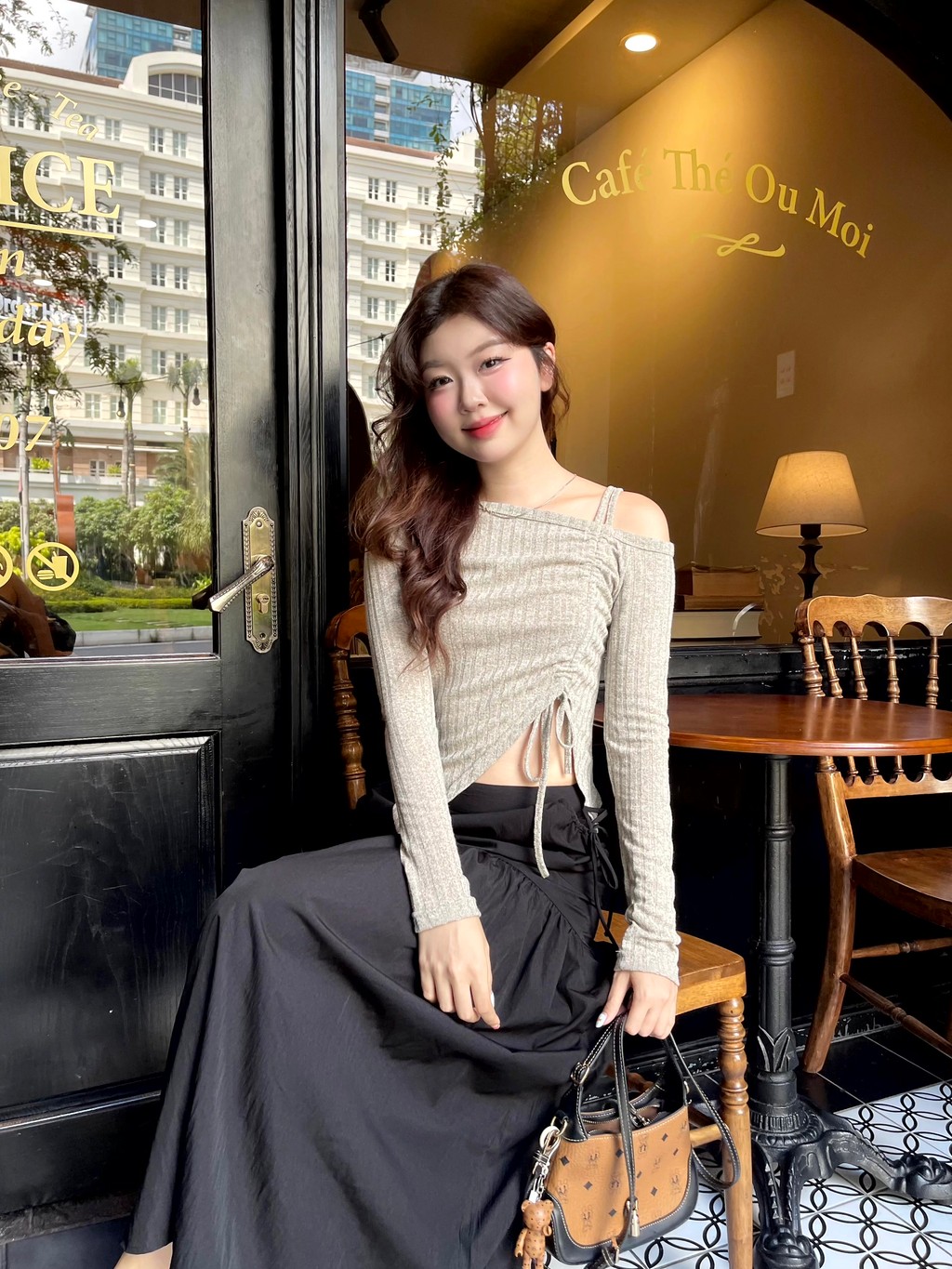 Mô tả Áo trễ vai 1 bên nữ cotton dài tay ôm body rút dây GAGO Brand tiểu thư dễ thương GA4972 GA4981 GA4982 - 4