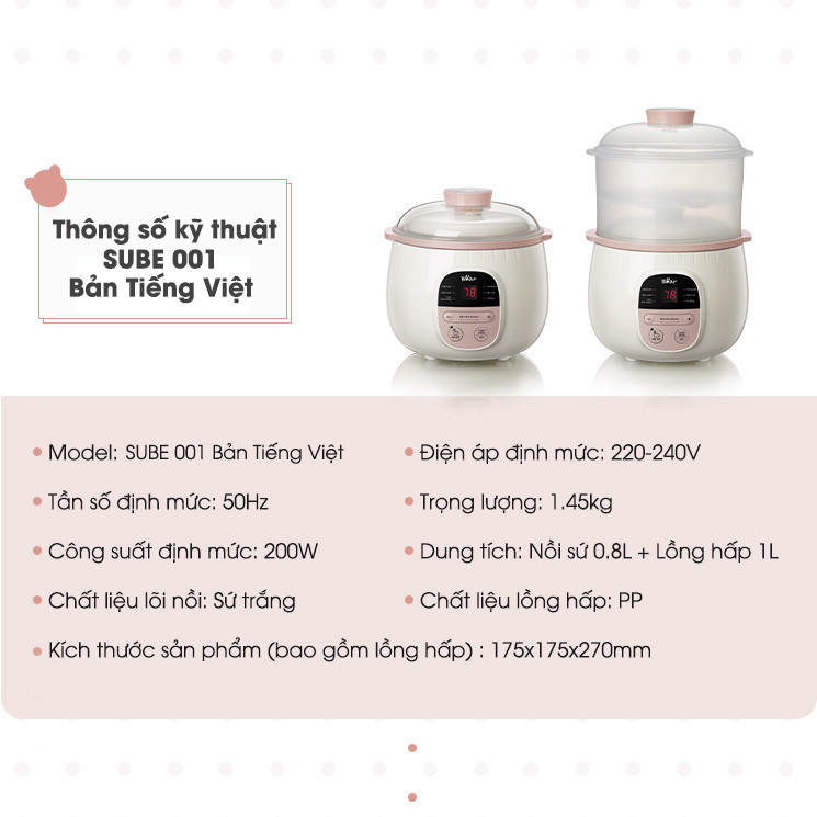 Mô tả Combo Ăn Dặm Nồi Nấu Cháo Chậm 0.8L BEAR SUBE001 và Máy Xay Ăn Dặm 0.3L 8 Lưỡi B03V8 Nồi Nấu Cháo Chậm Máy Xay Thực Phẩm - 5
