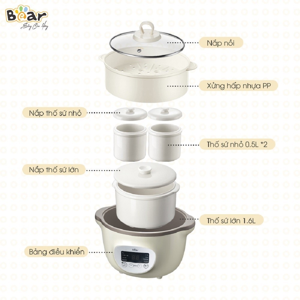 Mô tả Combo Nồi Nấu Cháo Chậm BEAR 1.6L SUBE002 Tiếng Việt và Máy Xay Ăn Dặm 0.3L BEAR 8 Lưỡi GR-B03V8 Nấu Cháo Chưng Yến - 5