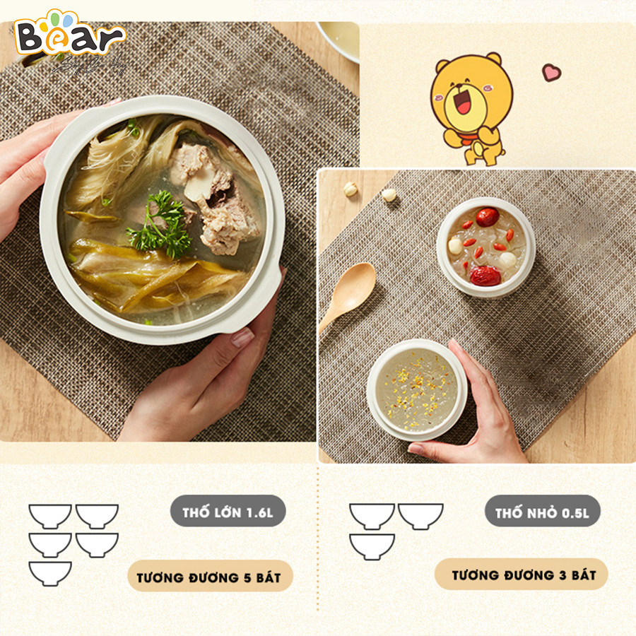 Mô tả Combo Nồi Nấu Cháo Chậm BEAR 1.6L SUBE002 Tiếng Việt và Máy Xay Ăn Dặm 0.3L BEAR 8 Lưỡi GR-B03V8 Nấu Cháo Chưng Yến - 8