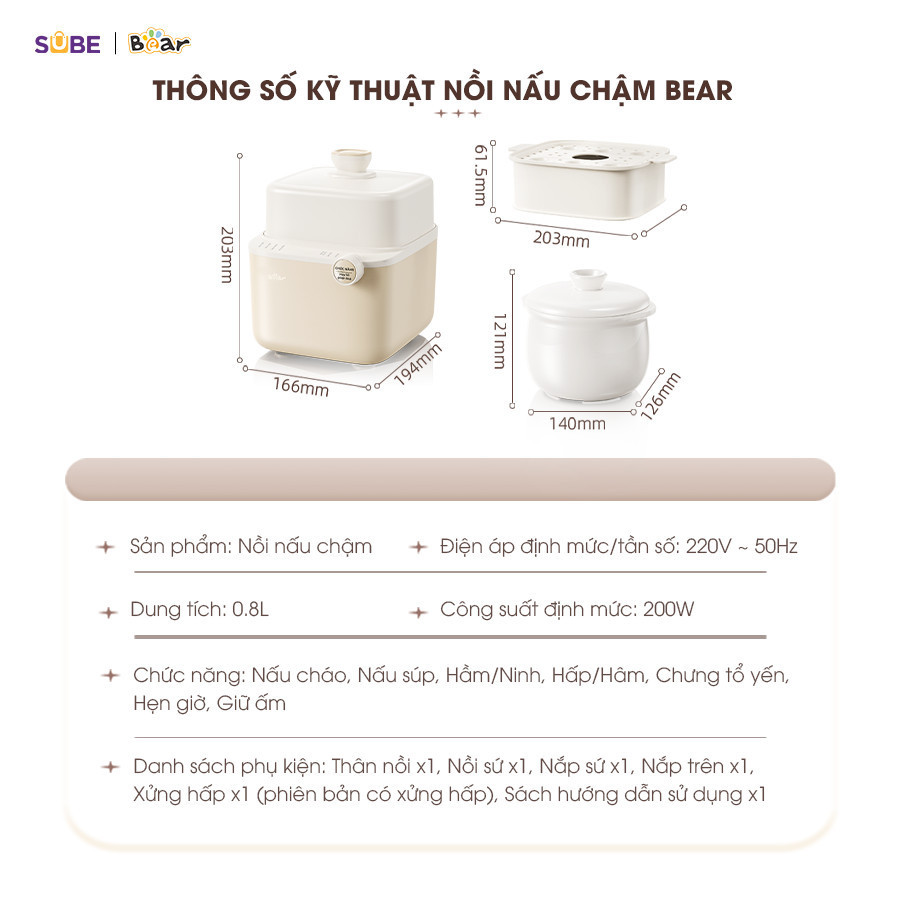 Mô tả Nồi Nấu Cháo Chậm BEAR 0.8L 7 Chế Độ Nồi Nấu Chưng Yến Hầm Hấp Ninh Cháo Cách Thủy Giữ Trọn Chất Dinh Dưỡng NNC08 - 3