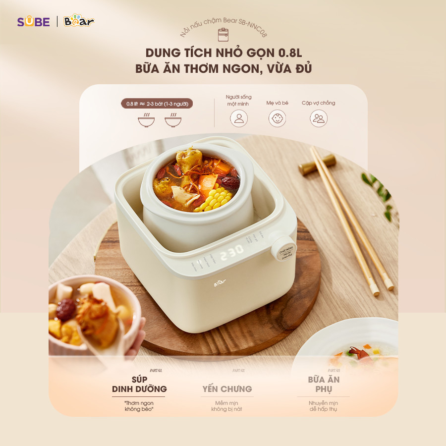 Mô tả Nồi Nấu Cháo Chậm BEAR 0.8L 7 Chế Độ Nồi Nấu Chưng Yến Hầm Hấp Ninh Cháo Cách Thủy Giữ Trọn Chất Dinh Dưỡng NNC08 - 4