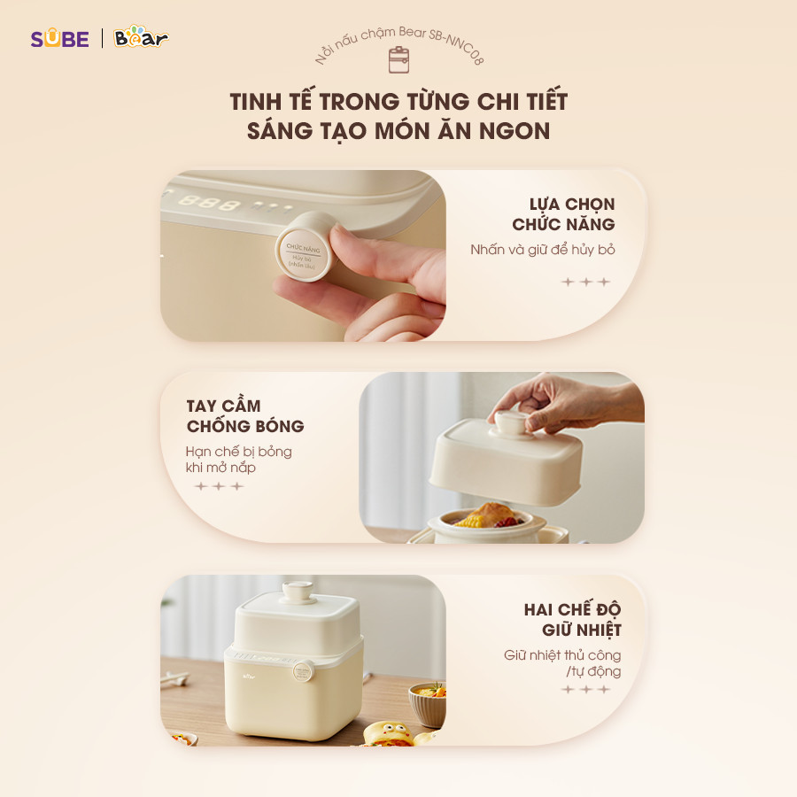Mô tả Nồi Nấu Cháo Chậm BEAR 0.8L 7 Chế Độ Nồi Nấu Chưng Yến Hầm Hấp Ninh Cháo Cách Thủy Giữ Trọn Chất Dinh Dưỡng NNC08 - 9