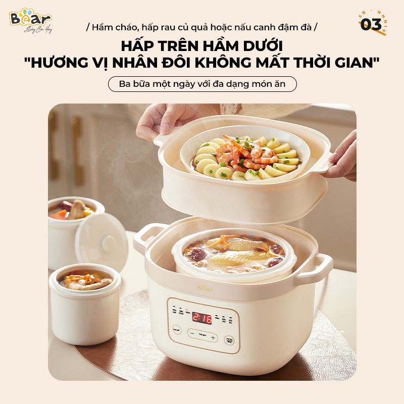 Mô tả Nồi Nấu Cháo Chậm BEAR 1.6L 6 Chế Độ Ninh Nấu Hầm Chưng Yến Hấp Cách Thuỷ Tiện Lợi Giữ Chất Dinh Dưỡng SB-NNC16 - 1