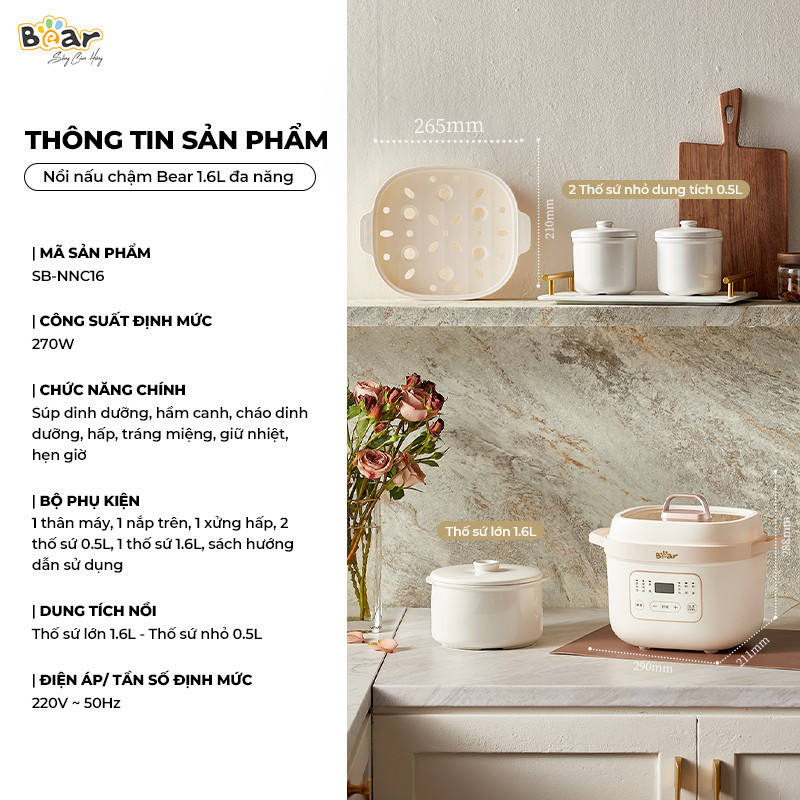Mô tả Nồi Nấu Cháo Chậm BEAR 1.6L 6 Chế Độ Ninh Nấu Hầm Chưng Yến Hấp Cách Thuỷ Tiện Lợi Giữ Chất Dinh Dưỡng SB-NNC16 - 4