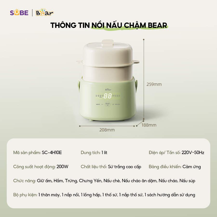 Mô tả Nồi Nấu Cháo Chậm BEAR 1L Có Xửng Hấp 8 Chế Độ Nấu Hầm Nồi Chưng Yến Nồi Nấu Chậm Cho Bé Giữ Trọn Dinh Dưỡng SC-4H10E - 2