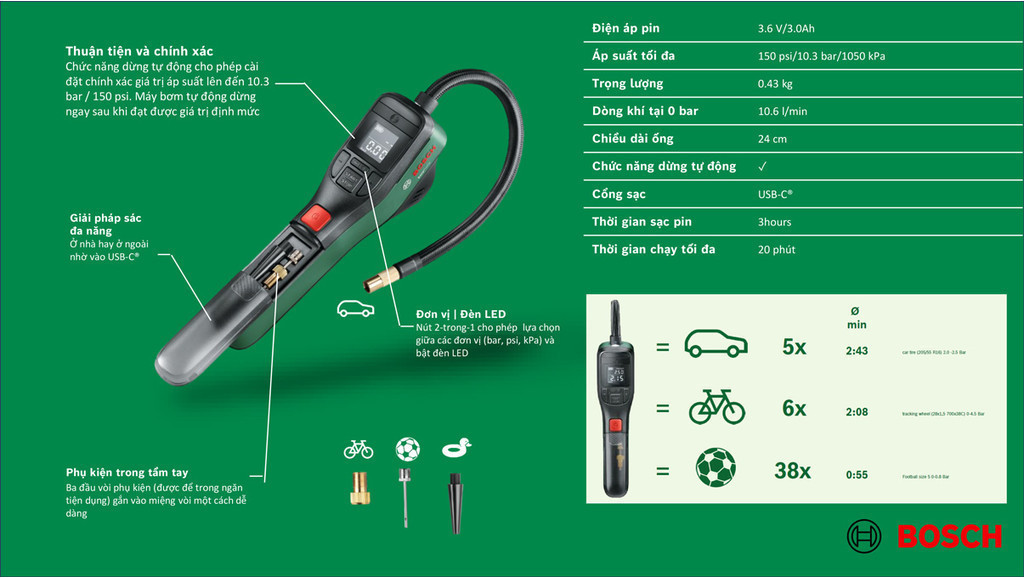 Máy Bơm Cầm Tay Đa Năng Bosch ÐA NANG(EASYPUMP) - Thời Gian Chạy Tối Đa 20 Phút- Bảo Hành Chính Hãng