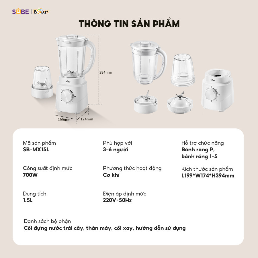 Mô tả Máy Xay Sinh Tố 1.5L Bear Xay Đa Năng 2 Cối Xay Xay Hoa Quả Xay Sinh Tố Xay Thịt Xay Hạt Xay Đá Mịn Làm Nước Ép MX15L - 3
