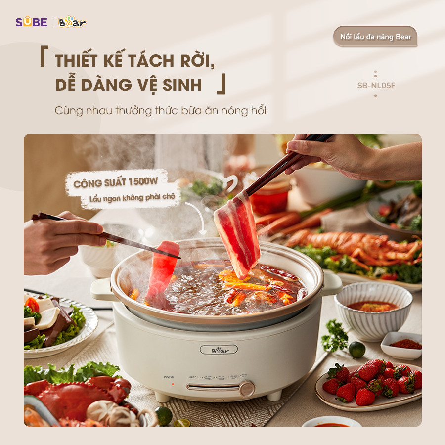 Mô tả Nồi Lẩu Điện Đa Năng 5L Bear Chiên Xào Nấu Đế Tách Rời Sôi Nhanh Tiết Kiệm Điện Nhiệt Tỏa Đều Siêu Chống Dính NL05F - 2