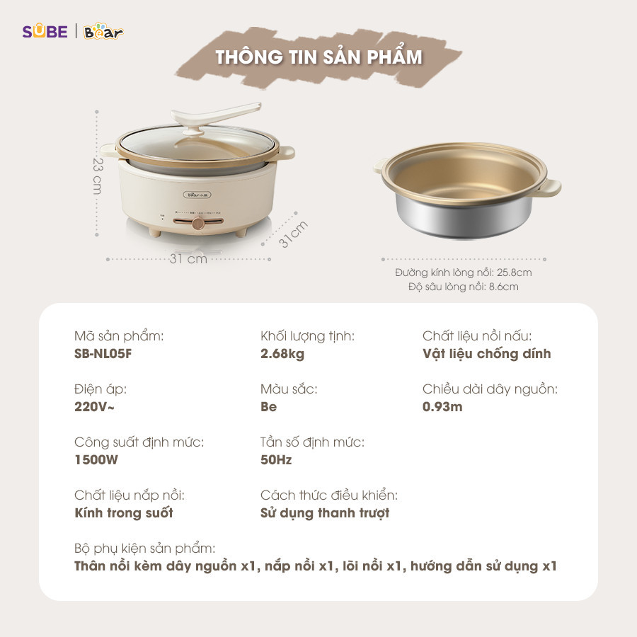 Mô tả Nồi Lẩu Điện Đa Năng 5L Bear Chiên Xào Nấu Đế Tách Rời Sôi Nhanh Tiết Kiệm Điện Nhiệt Tỏa Đều Siêu Chống Dính NL05F - 3