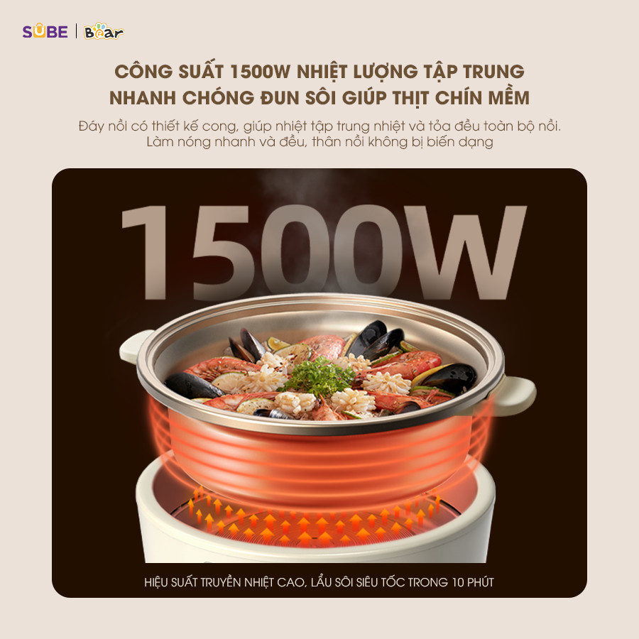 Mô tả Nồi Lẩu Điện Đa Năng 5L Bear Chiên Xào Nấu Đế Tách Rời Sôi Nhanh Tiết Kiệm Điện Nhiệt Tỏa Đều Siêu Chống Dính NL05F - 4
