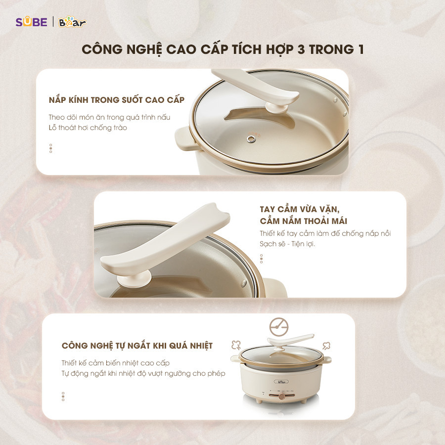 Mô tả Nồi Lẩu Điện Đa Năng 5L Bear Chiên Xào Nấu Đế Tách Rời Sôi Nhanh Tiết Kiệm Điện Nhiệt Tỏa Đều Siêu Chống Dính NL05F - 8