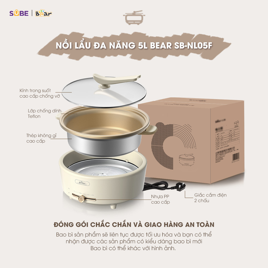 Mô tả Nồi Lẩu Điện Đa Năng 5L Bear Chiên Xào Nấu Đế Tách Rời Sôi Nhanh Tiết Kiệm Điện Nhiệt Tỏa Đều Siêu Chống Dính NL05F - 11