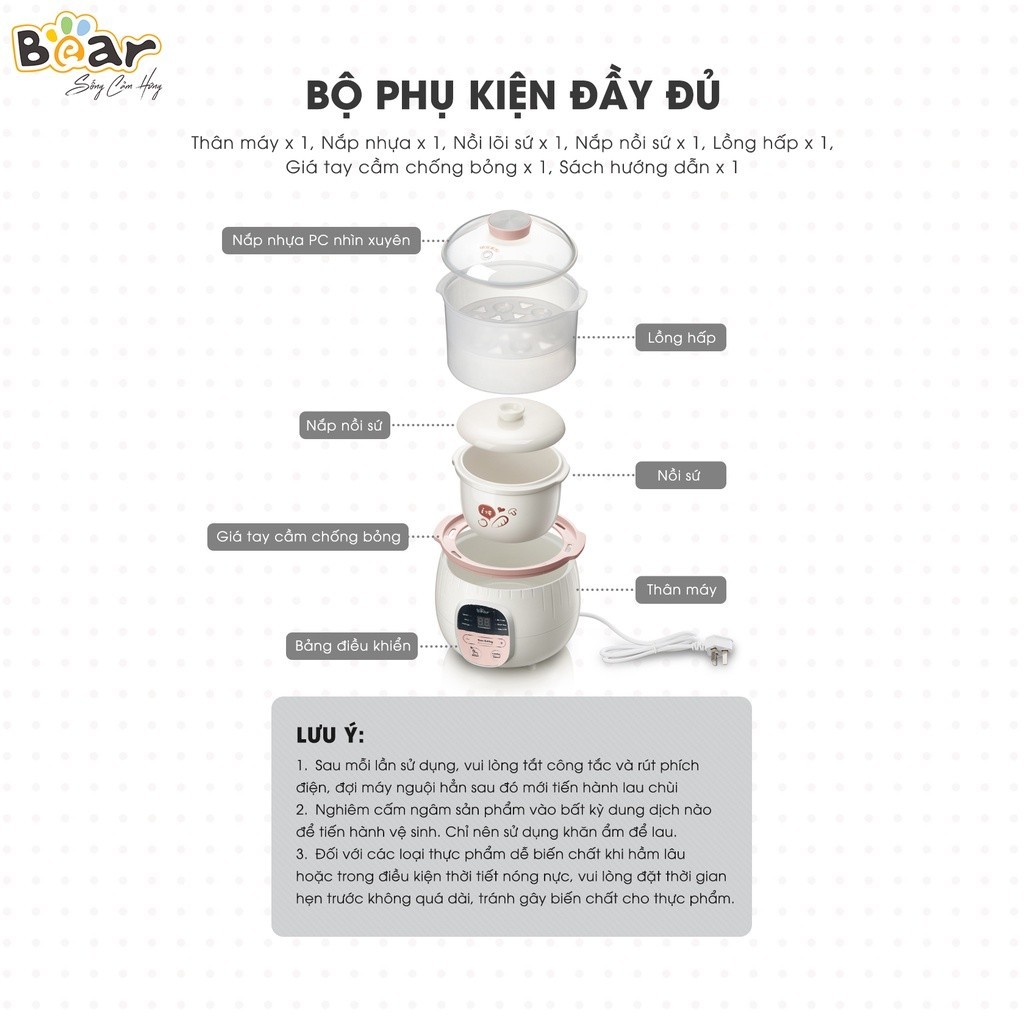 Mô tả Phụ Kiện Nồi Nấu Chậm SUBE001 Bear Thân Nắp Thố Tay Cầm Chống Bỏng Nắp Nhựa Xanh Vàng Hồng Nồi Nấu Cháo Chậm - 3
