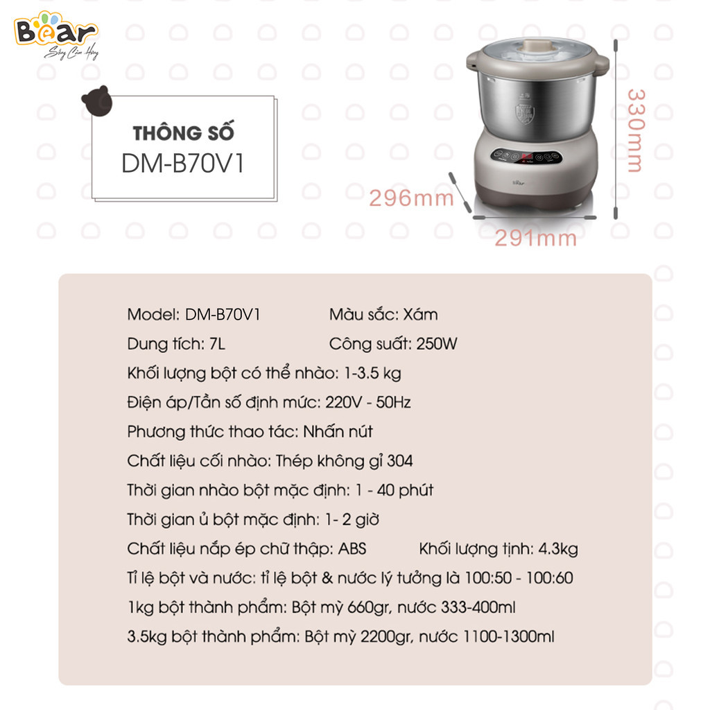 Mô tả Máy Nhào Bột Bear 7L Đa Năng Ủ Bột, Trộn Bột, Nhồi Bột Nhanh Công Suất Lớn Bảo Hành Chính Hãng 18 Tháng - DM-B70V1 - 3