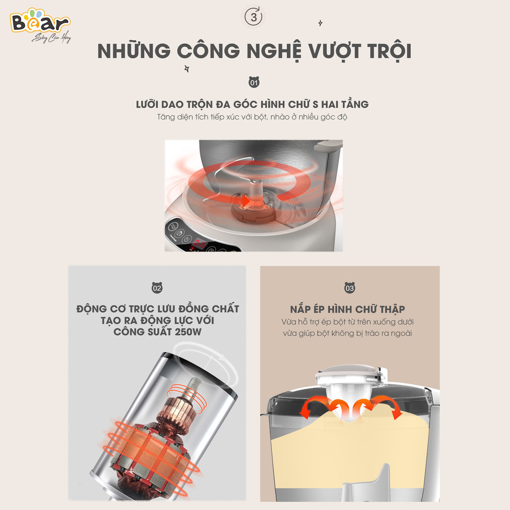 Mô tả Máy Nhào Bột Bear 7L Đa Năng Ủ Bột, Trộn Bột, Nhồi Bột Nhanh Công Suất Lớn Bảo Hành Chính Hãng 18 Tháng - DM-B70V1 - 6