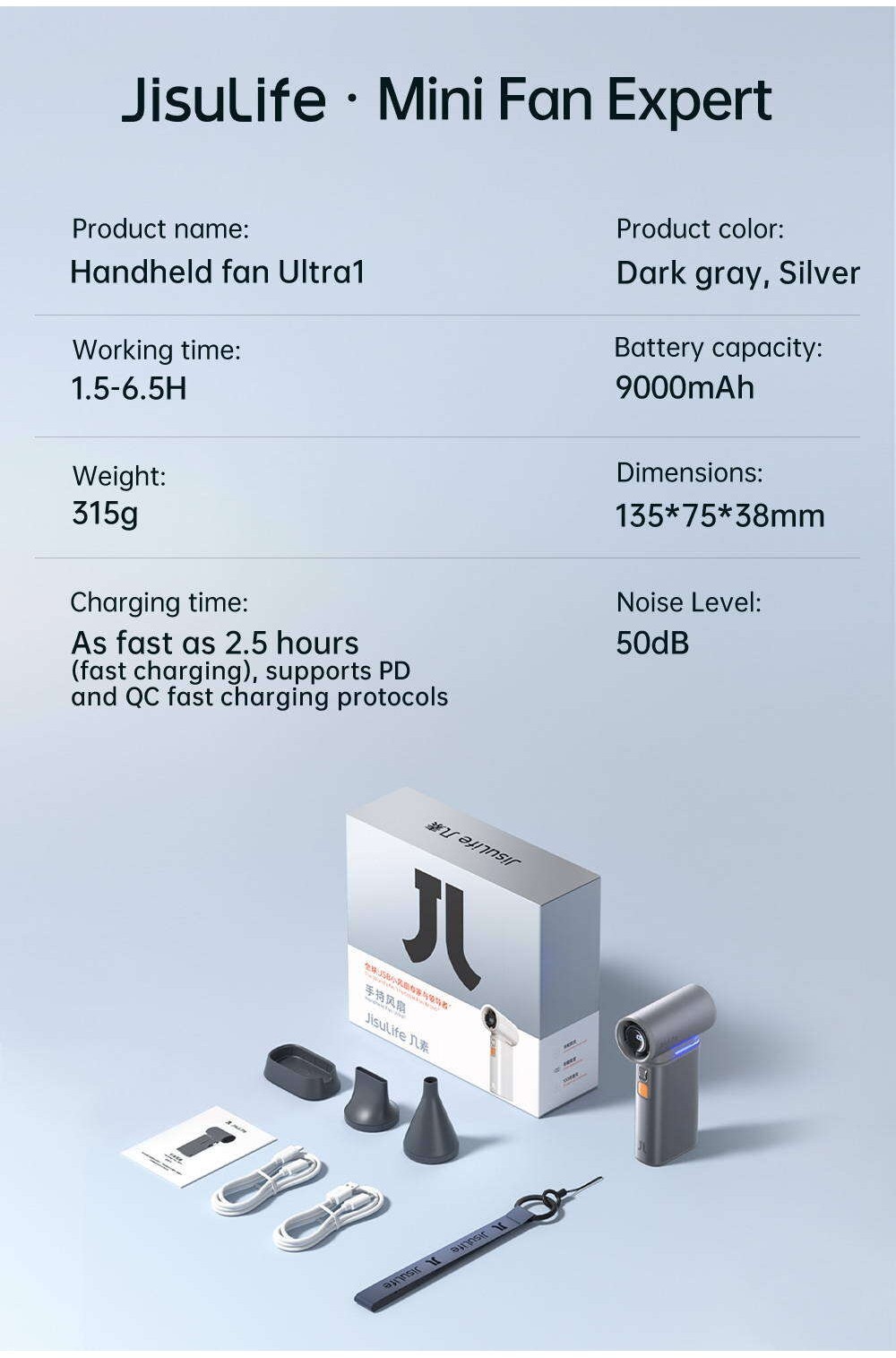 Mô tả Quạt Cầm Tay Cao Cấp JISULIFE Ultra1 FA55 18W 9000mAh Sạc Nhanh - Đèn LED Hiển Thị - Sử Dụng 1H-6H | Bảo Hành Chính Hãng - 10