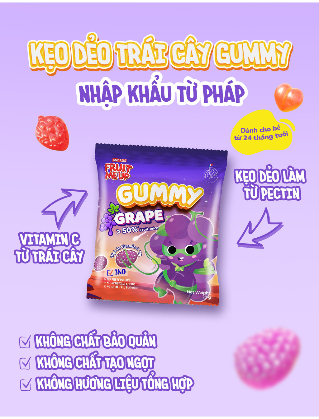 Mô tả Kẹo Dẻo Trái Cây Gummy 20G (Combo 10 Túi & 20 Túi) - Nhập Khẩu Từ Pháp Của Pháp - ANDROS FRUIT ME UP GUMMY - 1