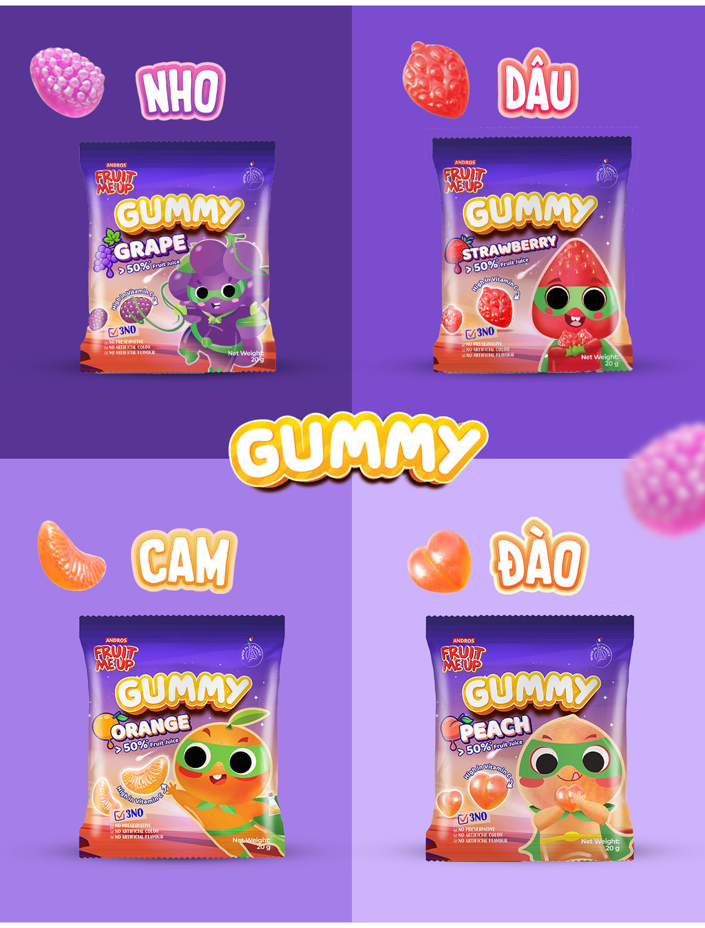 Mô tả Kẹo Dẻo Trái Cây Gummy 20G (Combo 10 Túi & 20 Túi) - Nhập Khẩu Từ Pháp Của Pháp - ANDROS FRUIT ME UP GUMMY - 2