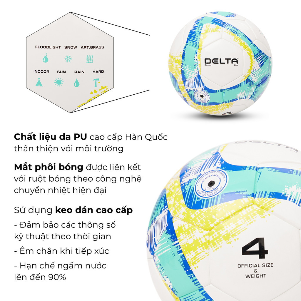 Mô tả Bóng Đá DELTA CAMPO 4D Size 4 Dán Ép Nhiệt Da PU Chơi Trên Nhiều Loại Sân Cho Bé 9-12 Tuổi DELTACA06 - 2