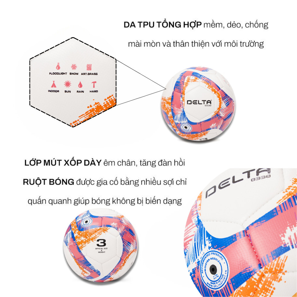 Mô tả Bóng Đá Trẻ Em Mini DELTA 3M Size3 May Máy Da TPU Mềm Nhẹ Sân Cỏ Nhân Tạo Bé Cho 4-9 Tuổi DELTMINI01 - 2